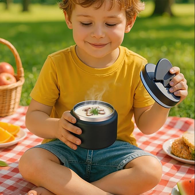 14.5oz Soup Thermo for Hot Food Kids Vacuum Insulated Food Jar Twist-Free Soup Thermo for Hot Food Kids Leakproof Stainless Steel Wide Mouth Lunch Container (Black)