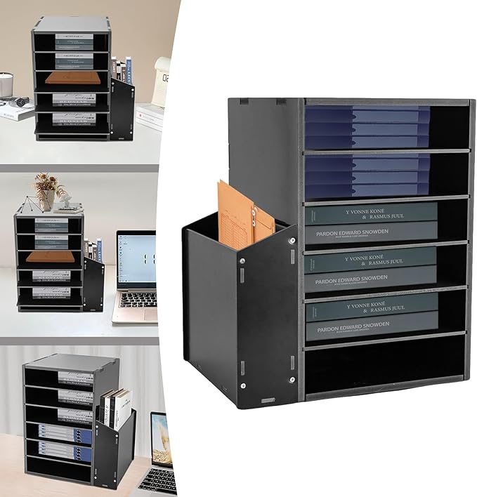 Literature Organizers With Side Storage cabinet, 6 Compartments Office Mailbox with Adjustable Shelves, PVC Board Literature Sorter for Office, Home, Classroom, Mailrooms Organization, Black