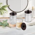 3Pack Glass Qtip Holder Dispenser Set - Bathroom Canister Storage Organizer for Cotton Balls, Swabs, Floss Picks, and Makeup Sponges with Matte Black Metal Lid - Clear Vanity Apothecary Jars