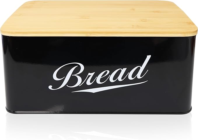 RoyalHouse Modern Metal Bread Box with Bamboo Cutting Board Lid, Bread Storage Container for Kitchen Counter, Vintage Kitchen Decor Organizer - Black