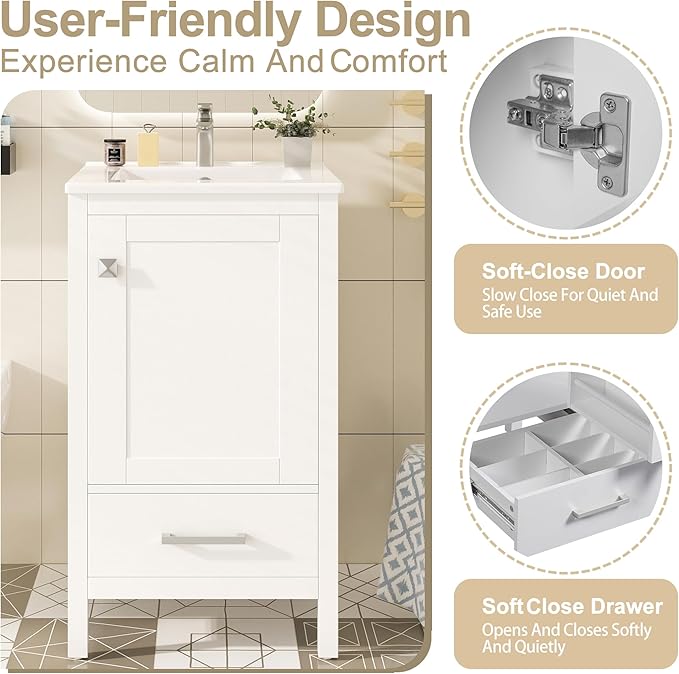 20" Small Bathroom Vanity with Sink, Soft-Close Drawer and Door, Wood Modern Single Bathroom Sink Cabinet with Doors and Shelves, Adjustable Foot Pads, for Small Space (White)