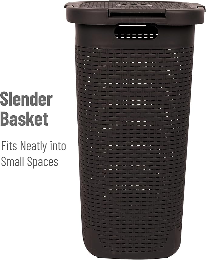 Mind Reader Slim Laundry Hamper with Lid, 60L Tall Clothes Basket, Narrow Tapered Design for Bathrooms, Closets and Laundry Rooms, Plastic, 2 Pack, Brown