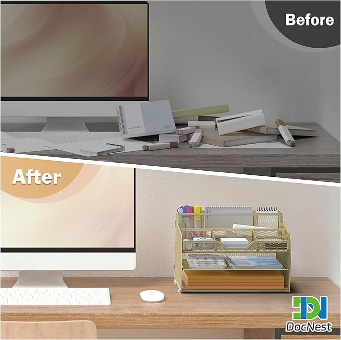 Docnest 3 Tier Mesh Desk Organizer for Paper Office Supplies – Multi-Functional Letter Tray with 5 Adjustable Compartments, 3 Pen Holders, Desktop Storage for Files, Mail, Stationery – Gold