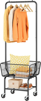 Tajsoon Laundry Cart with Hanging Rack, Metal Laundry Basket with Wheels, Laundry Hamper with Storage Basket and Shelf, Rolling Laundry Cart with Wheels, Black