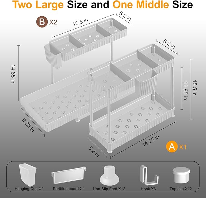 3 Pack Multi-Purpose Under Sink Organizers and Storage, 2026 L-Shaped Pull Out Cabinet Organizer for Bathroom & Kitchen, Under Cabinet Organizer with Hooks Hanging Cup (White, 14.85 inch)