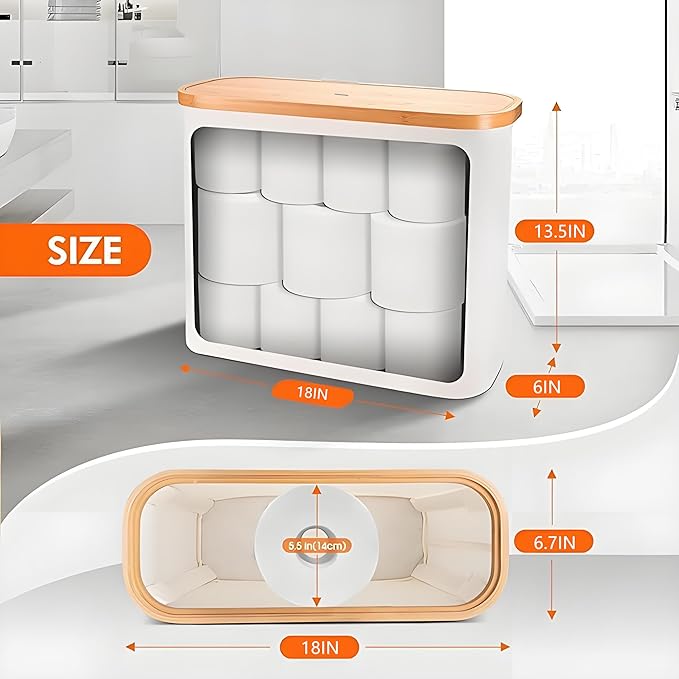 Toilet Paper Storage Cabinet with Bamboo Lid, Holds Up to 12 Rolls, Waterproof Lightweight Toilet Roll Organizer with 3-Minute Assembly, Spacious Bathroom Storage Bin for Toiletries (White)