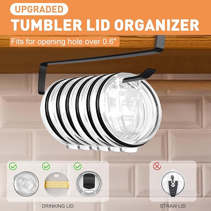 Tumbler Lid Organizer, 2 Pack Coffee Mug Holder for Yeti Tumbler Lid, Space Saving Mug Hanger Rack Holds Up to 12 Lids, Cup Holder Under Cabinet, Water Bottle Lid Holders for Kitchen Storage