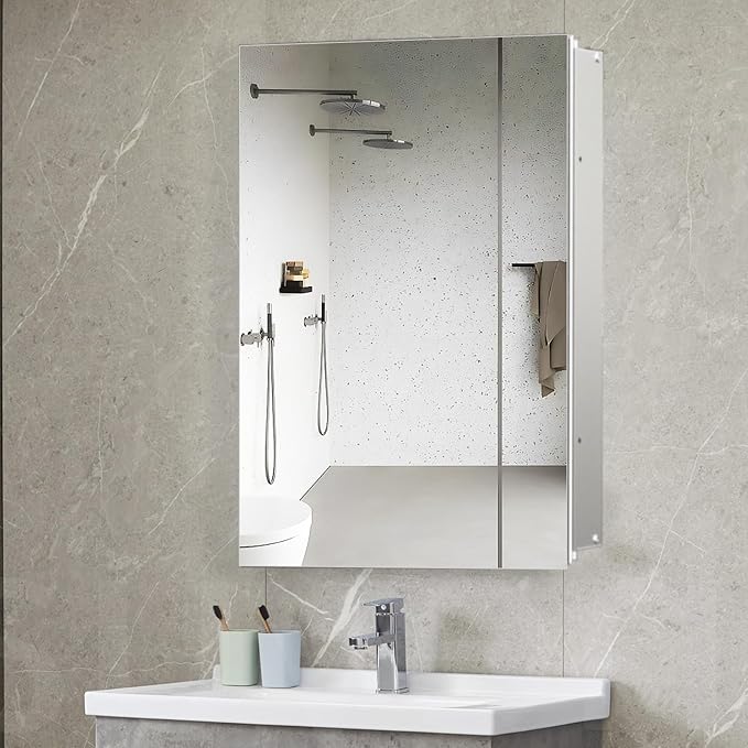 Medicine Cabinet with Mirror of Storage, 22x30 inch Aluminum Bathroom Cabinet, Assembly Needed, Surface Mount or Recessed Wall Cabinet with Adjustable Glass Shelves for Bathroom Bedroom