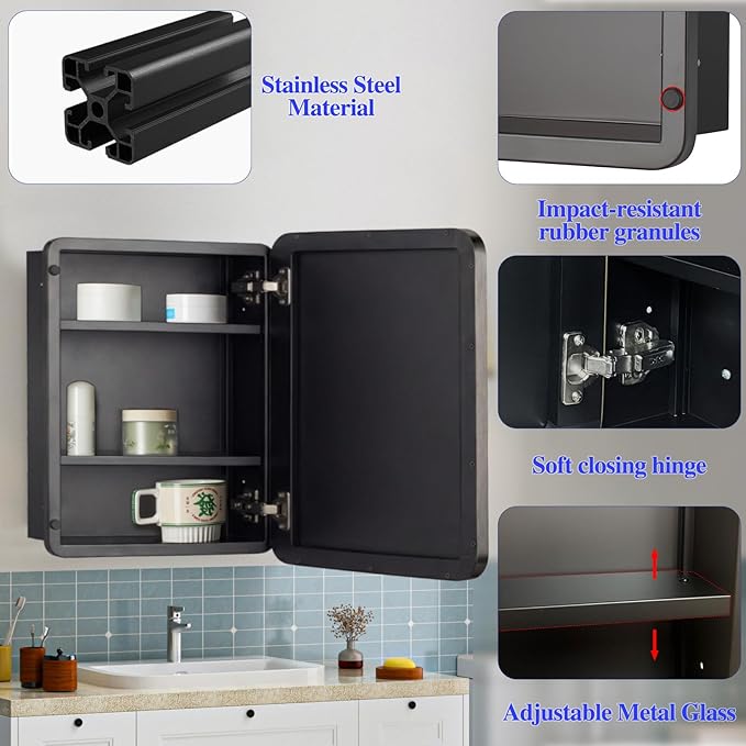 Bathroom Medicine Cabinet with 16"x20" Stainless Steel Framed Mirror,Recessed or Surface Mounted Bathroom Mirror Cabinet,Storage Cabinetfor Bathrooms, Guest Rooms, Apartments, Farmhouse Decor