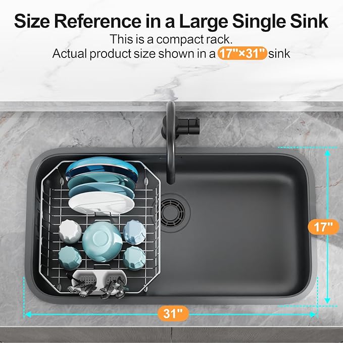 GSlife Small in Sink Dish Drying Rack - Stainless Steel Compact Dish Drainer for RV Kitchen Apartment Sink, Rust Resistant Inside Sink Rack, 1–2 Person Households, 13.1" W x 14.4" L, Silver