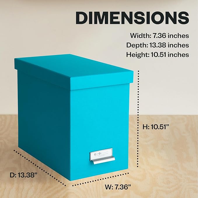 Bigso John Fiberboard Label Frame Desktop File Storage Box - Document Organizer for Important Paperwork - Durable Hanging File Box with a Lid & Metal Label Window - 7.36 x 13.38 x 10.51 in - Turquoise