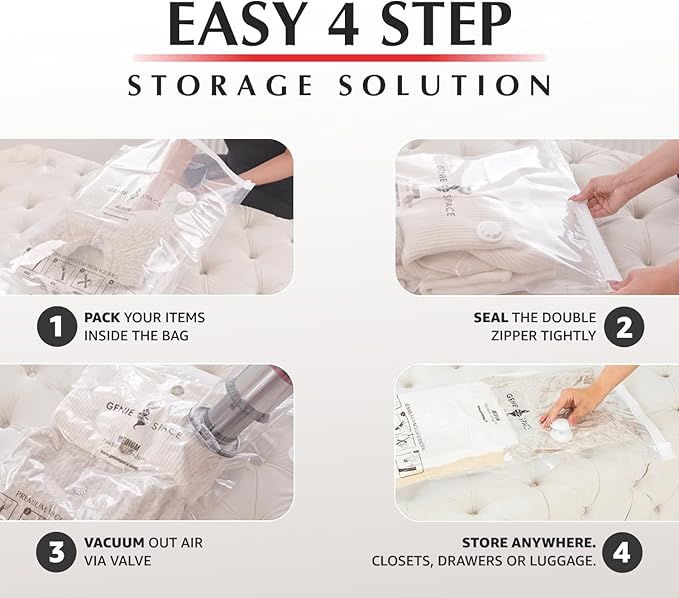 GENIE SPACE Premium Vacuum Storage Bags for Clothes, Bedding and Travel, Variety 5-Pack (1 XXL + 2 XL + 2 L), Airtight, Odor-Proof and Reusable Space Saver Bags with Double Zipper Seal and Hand Pump