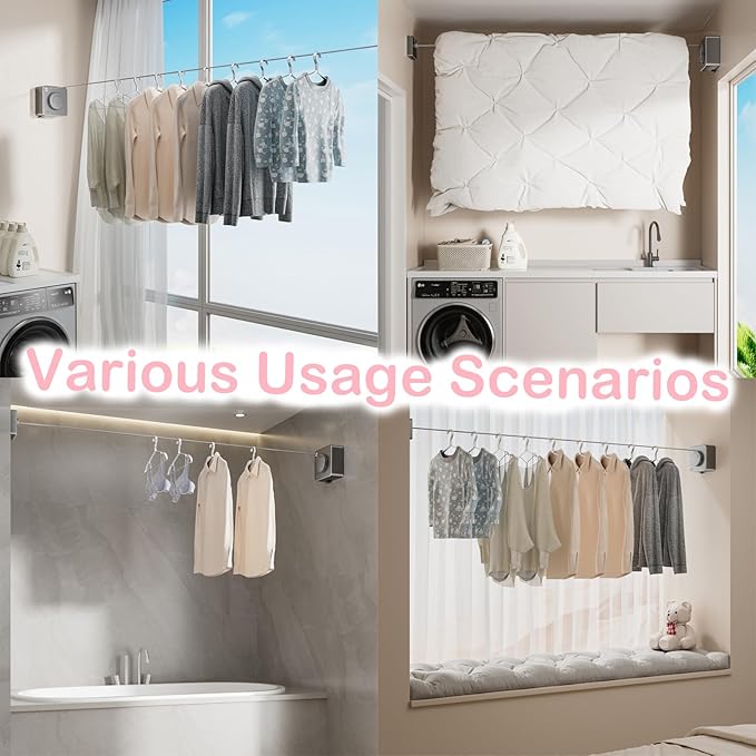 JXKNKSR-Telescopic Clothesline Indoor and Outdoor, Heavy-Duty Laundry Line, Wall Mounted, Safety Lock System (Gray+10Clothes Pins)