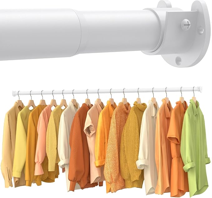 Closet Rods for Hanging Clothes, 17-39 Inch No-Cut Stepless Adjustable Closet Rod, 1.3 Inch Heavy Duty Metal Closet Hanging Rod with Brackets, White Closet Bar for Closet, Laundry Room, RV, Wardrobes