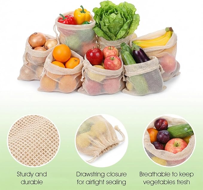 6 Pcs Reusable Produce Bags - 3 Size Drawstring Closure Cotton Mesh Bags Vegetable Grocery Cotton Mesh Bag for Fruits Vegetables Grocery Shopping, Farmers Market, Refrigerator Storage
