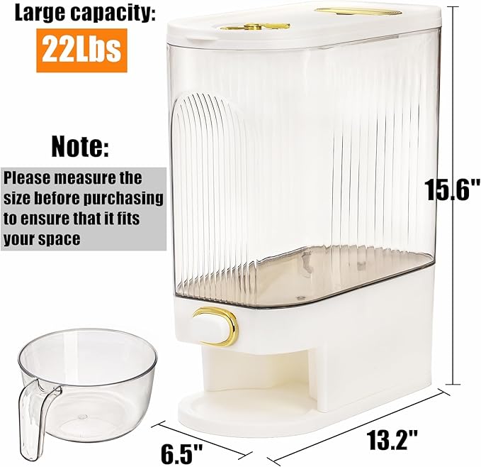 Clear Rice Holder Dispenser, 22 Lbs Large Grain Storage Container with Measuring Cup, Cylinder Household Food Dispenser Bucket Kitchen Organization for Cereal Oatmeal Coffee Bean Soybean Corn