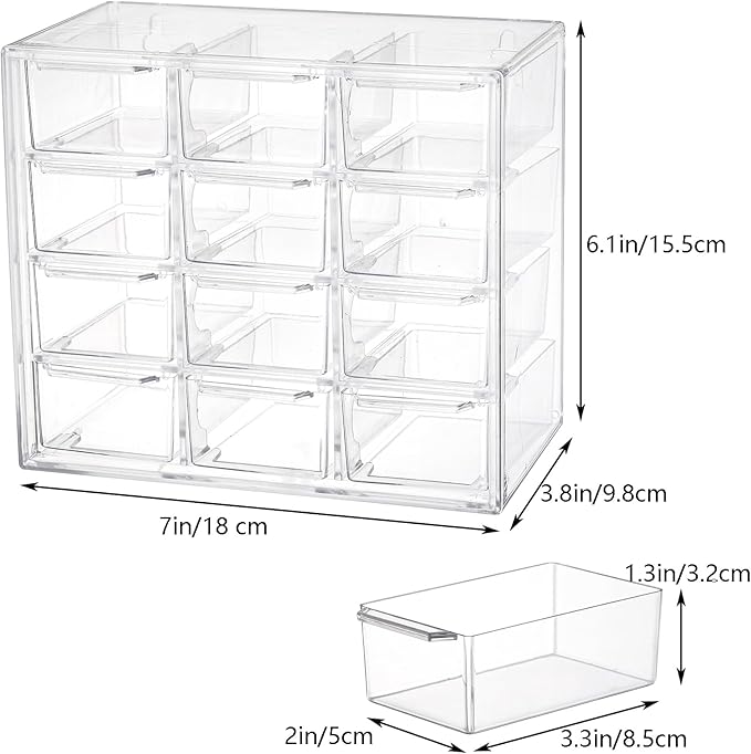 YOUEON 2 Pack Mini Desk Organizer with 12 Removable Drawers, Clear Plastic Desktop Drawer Organizer, Desk Craft Storage Box for DIY Crafts, Art Supply, Office, Cosmetic, Jewelry