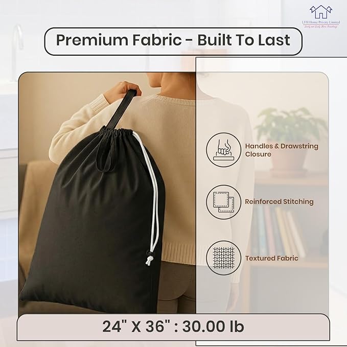 LFH Home Large Premium Cotton Canvas Laundry Bag with Drawstring and Handles Heavy Duty, Multi-Use, and Washable for Home, Travel, College or Storage 24x36 (Pack of 2)-Black