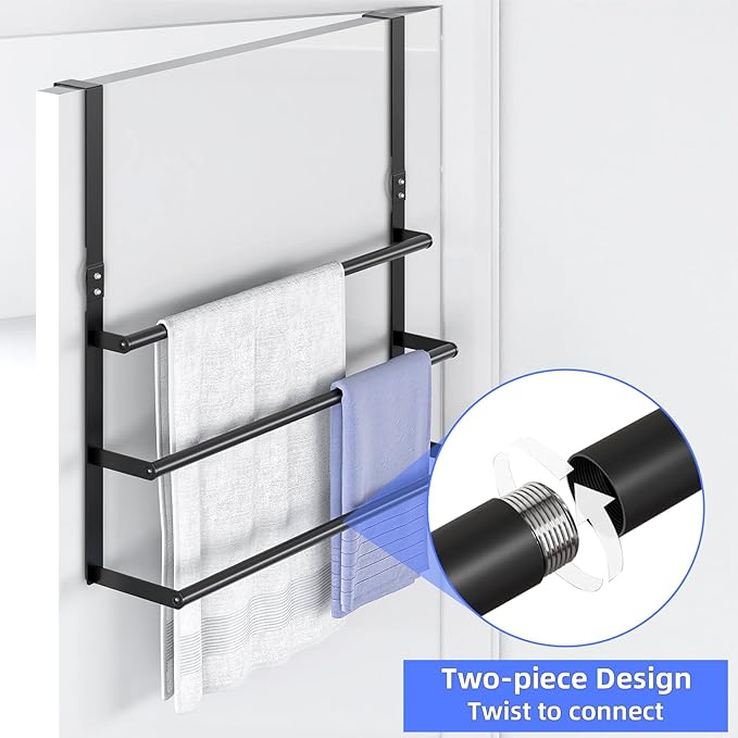 Over The Door Towel Rack, Over Door Towel Racks for Bathroom Door, 3 Tier Towel Storage Hanger Holder for Bathroom Accessories, 24 Inch Towel Bar for Hanging Towels, Black