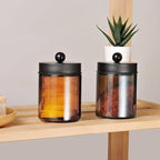 Amolliar Amber Glass Qtip Holder, Apothecary Jars with Matte Black Metal Lid & Stickers-Bathroom Qtip Dispenser Storage Organizer Set,Vanity Counter Canister for Cotton Swabs,Round Pads,Floss (2 Pack)