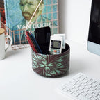 lizimandu Round Leather Art Supply Organizer,Remote Control Holder,360 Degree Rotating,Multi-Functional Pencil Holder,4 Compartments Desktop Stationary Organizer(1-Green Flower)