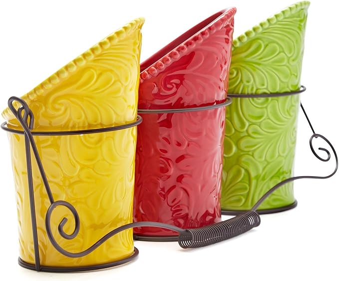 Kitchen Utensil Holder Set (4 Pieces) - 3 Ceramic Crocks & 1 Portable Wire Caddy - Multi-Color