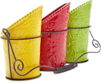 Kitchen Utensil Holder Set (4 Pieces) - 3 Ceramic Crocks & 1 Portable Wire Caddy - Multi-Color