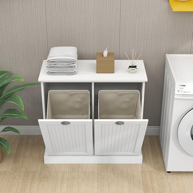 Two-Compartment Tilt-Out Laundry Sorter Cabinet with Removable Bags, E1 MDF Construction, UV Painted Finish, 32.68" L x 31.5" H, 100 Lbs Capacity, White