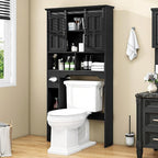 Vabches Farmhouse Over The Toilet Cabinet with Sliding Doors, Home Space-Saving Toilet Rack with Toilet Paper Holder Stand and Open Storage Shelf, for Restroom, Bathroom, Laundry.Pure Black