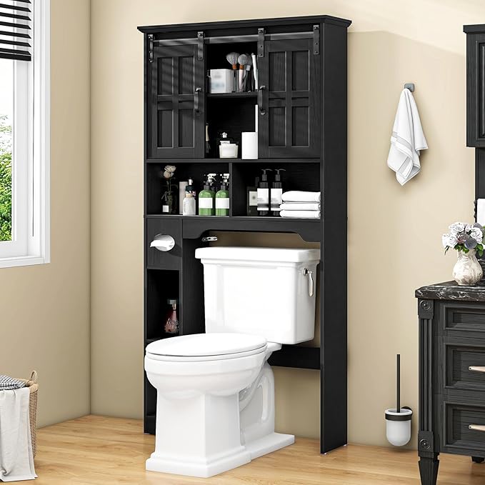 Vabches Farmhouse Over The Toilet Cabinet with Sliding Doors, Home Space-Saving Toilet Rack with Toilet Paper Holder Stand and Open Storage Shelf, for Restroom, Bathroom, Laundry.Pure Black
