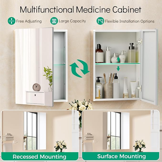 14 x 18 Medicine Cabinet Mirror, Mount or Recessed Bathroom Mirror with Storage, Aluminum Framed Medicine Cabinet with Adjustable Shelves for Bathroom Vanity Modern Farmhouse