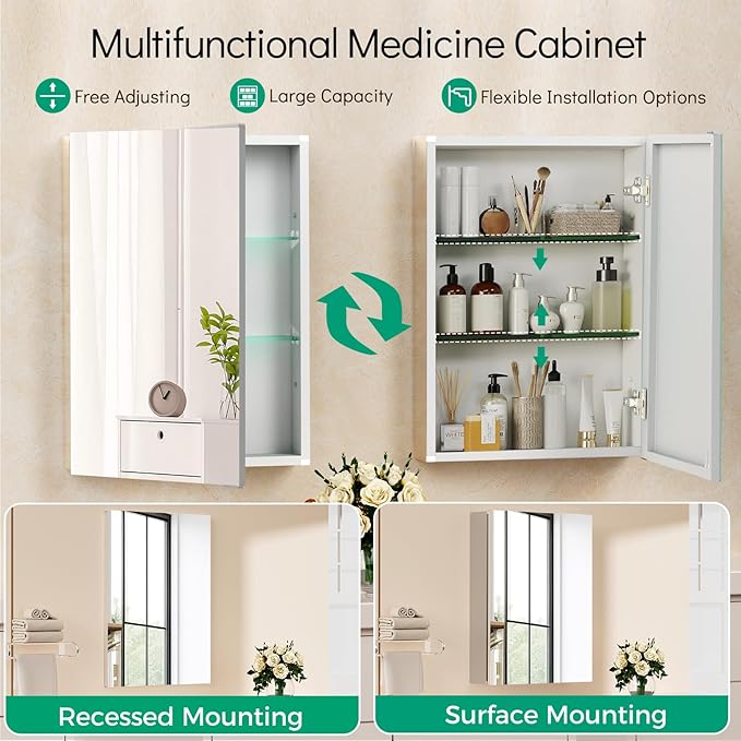 24 x 32 Medicine Cabinet Mirror, Mount or Recessed Bathroom Mirror with Storage, Aluminum Framed Medicine Cabinet with Adjustable Shelves for Bathroom Vanity Modern Farmhouse
