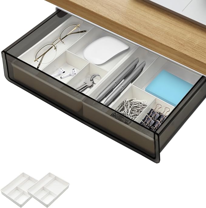 Large Under Desk Table Drawer Storage Organizer, Slide Out Drawer with 2 Desk Divider,Pencil Storage Self-Adhesive Tray Under Table (L/Clear Black+White)