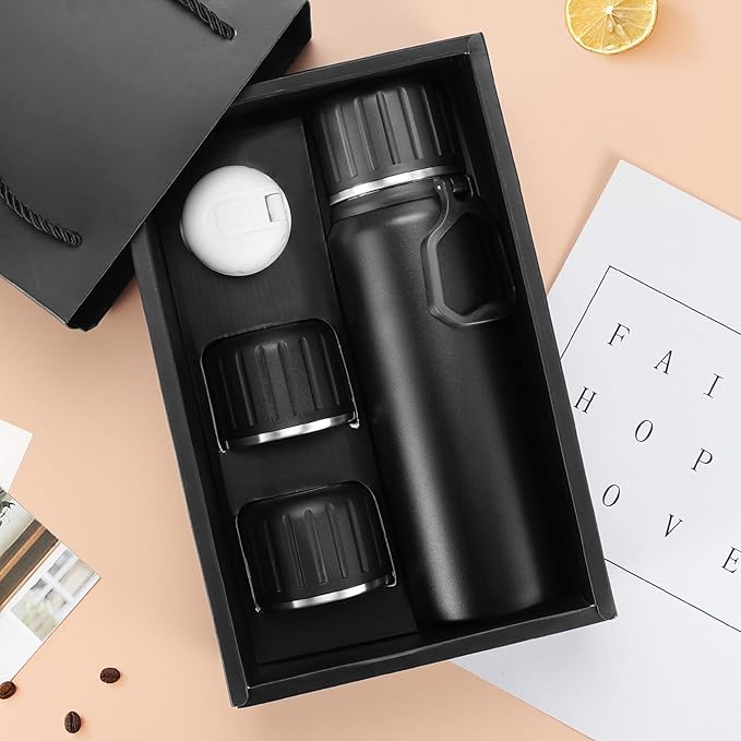 750ml/27 OZ Coffee Thermo with 3 cups, Insulated Water Bottle, Stainless Steel Vacuum Flask Set for Hot and Cold Drinks, Gifts Box