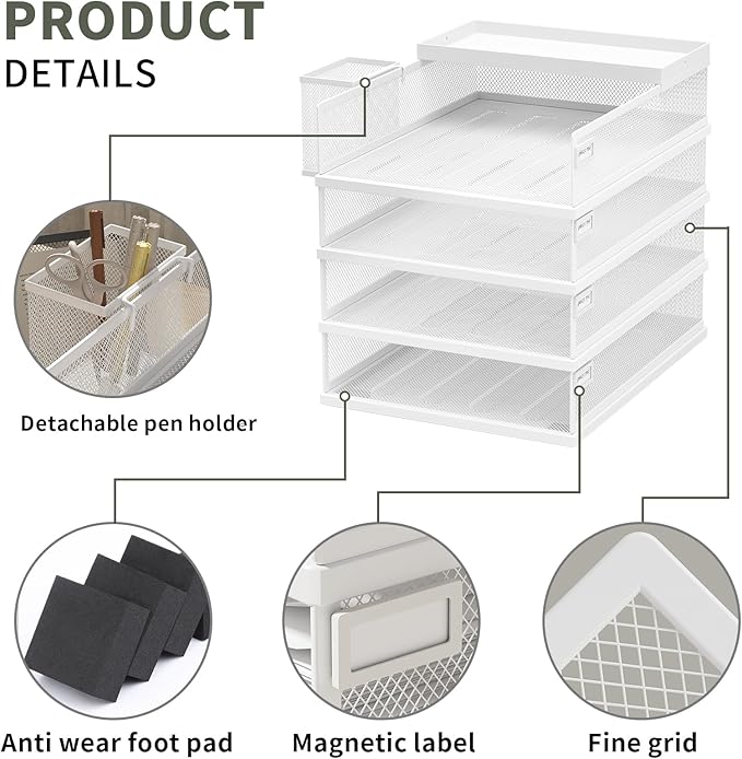 Stackable Letter Trays, 4 Tier Metal Paper Tray & Desk Organizer, Stackable File Trays for Office & Home, Multi-Functional Document Tray with Fine Grid Design & Magnetic Labels,White