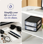 HOMZ 2-Pack 2-Drawer Storage Cart, Clear Plastic Drawers, 14.25" Wide Medium, Black Frame - Organizing Drawer Containers for Home, Bathroom, Bedroom, Office, and Classroom