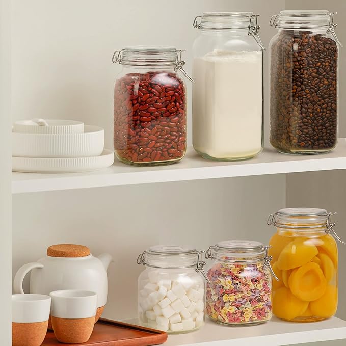 ComSaf 3-Pack Square Glass Coffee Canisters, 34oz Airtight Pantry Jars for 1lb Coffee Bag, Sugar, Flour & Tea, Space-Saving Food Storage Containers for Kitchen Counter & Small Apartment Organization