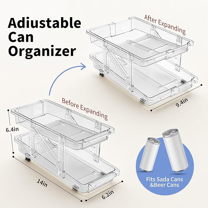 Drink Organizer for Fridge Soda Holder for Refrigerator Can Dispenser,Adjustable Width Can Holders for Fridge Suitable for Storage Cabinet and Pantry Clear (2 Pack)