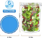 [32 oz 6 Pack] Food Storage Freezer Containers Clear bottom With blue Twist Top Lids Reusable, Plastic Airtight Meal Prep Containers BPA Free | Stackable | Leakproof | Microwave/Dishwasher Safe