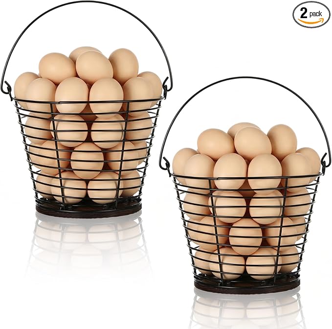 LemonRoad 2 Pack Egg Baskets with Wooden Base and Handle, 7.7 Inch Large Egg Gathering Basket for Count, Farm Eggs Collecting Basket Eggs Storage Holder for Kitchen Farm Countertop (holds 40)