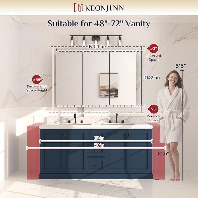 Keonjinn 48 x 32 Inch Oversized Medicine Cabinet for Bathroom with Mirror, Assembly Required, Silver Aluminum Structure, Free Adjustable Shelves, Combined Recessed or Surface Mount Wall Cabinet