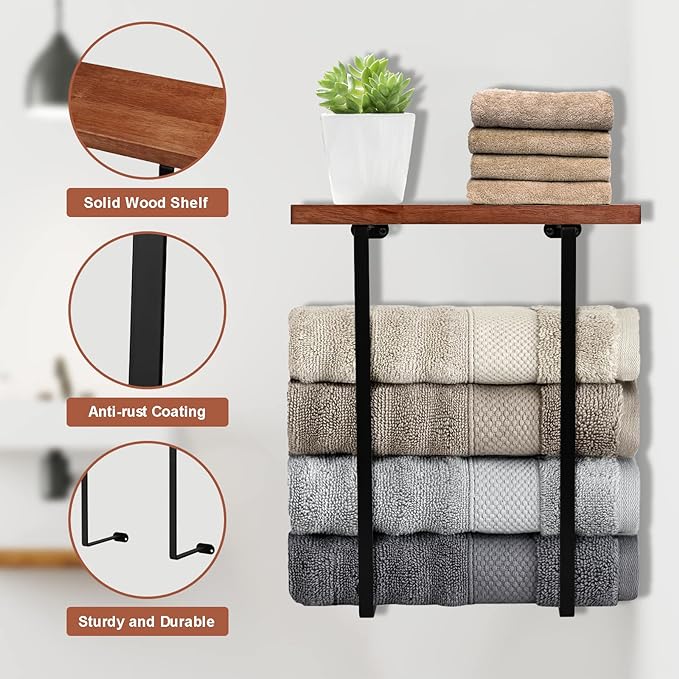 Towel Racks for Bathroom Wall Mounted with Wooden Shelf Bath Towel Holder for Rolled Towels Metal Towel Storage Organizer for Small Bathroom Decor or RV Camper Black
