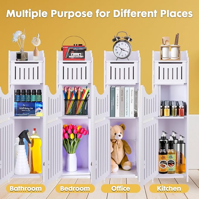LuiceABC Toilet Paper Holder Stand, Over The Toilet Storage Cabinet for Bathroom, Slim Corner Shelf for Small Space Storage, Small Bathroom Storage Cabinet with Doors, White