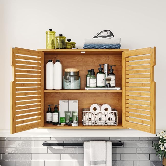 VIAGDO Wall Cabinet Bathroom Storage Cabinet Wall Mounted with Adjustable Shelves Inside, Double Door Medicine Cabinet, Utility Cabinet Organizer Over Toilet, Bamboo, 23.2''Lx8.1''Wx20.4''H