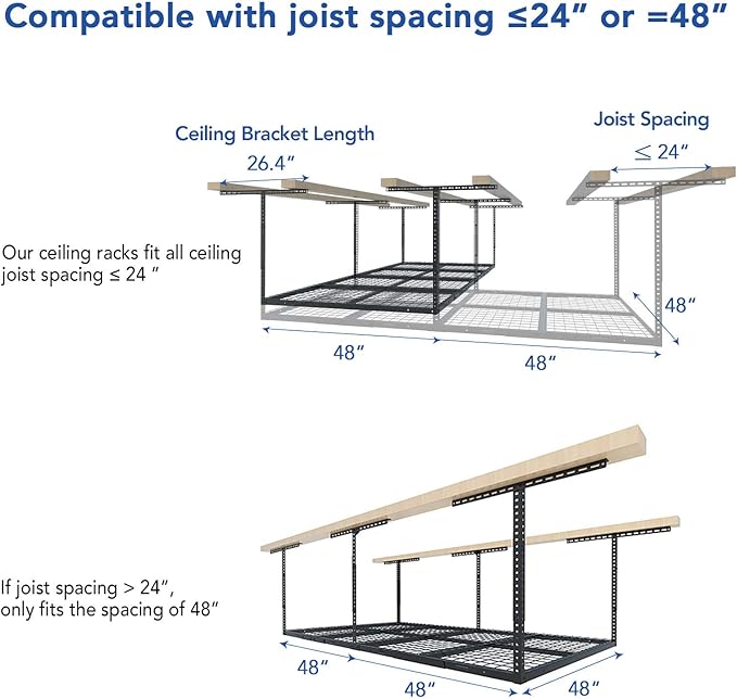 FLEXIMOUNTS 4x8 Overhead Garage Storage Rack w/Hooks Adjustable Ceiling Storage Rack, 96" Length x 48" Width x 40" Height, 22''-40" Ceiling Dropdown, Black, Classic Series