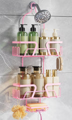 Shower Caddy Hanging, Pink Over the Shower Head Caddy with Soap Holder, Bathroom Organizer with Hooks for Razors and Bath Sponges