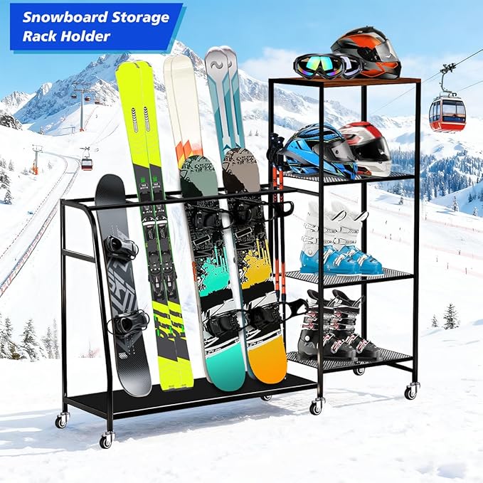 Heavy-Duty Freestanding Snowboard Rack & Snowboard Storage Rack with Wheels – Holds 4 Pairs of Skis, 3 Snowboards, Boots, Poles, Helmets & More Ski Sports Equipment – Ideal for Garage, Basement, Shed