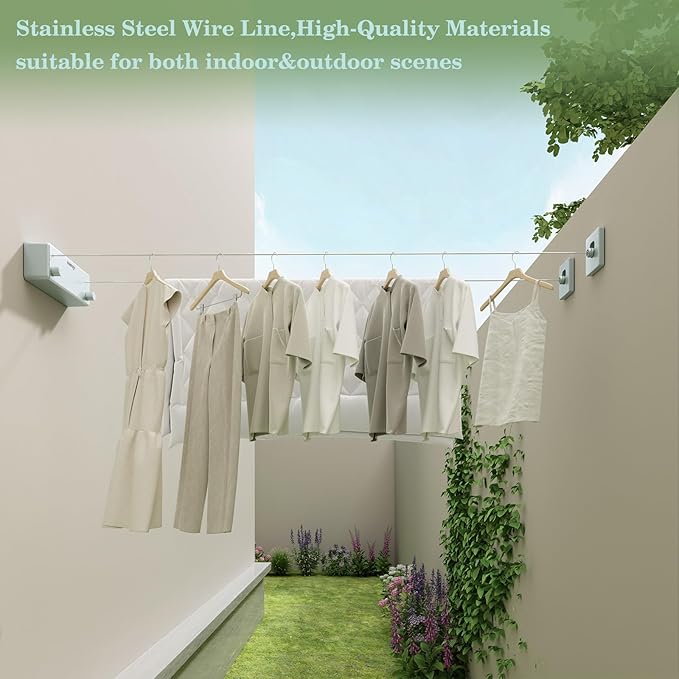 Danpoo Retractable Clothesline, 2x13.8ft 304 Stainless Steel Clothes Line for Indoors/Outdoors for Covered Balcony/Laundry Room Drying with Auto-Lock, Wall-Mounted, Heavy Duty(Silvery Blue)