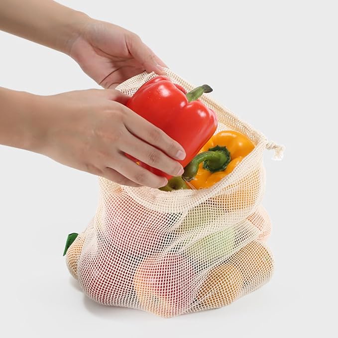 2pcs Reusable Cotton Mesh Produce Bags - Drawstring Closure for Fruits & Vegetables - Eco - Friendly & Durable(2 pcs mesh bag)