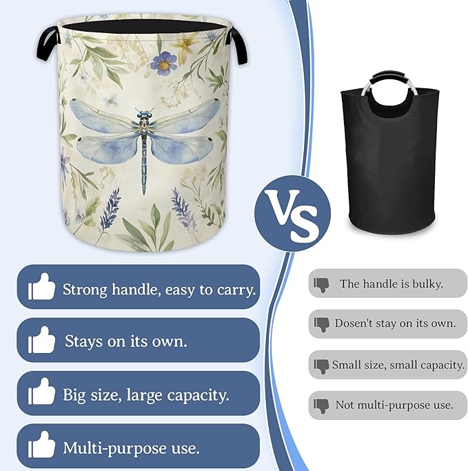 Vintage Dragonfly Laundry Basket,Foldable Waterproof Oxford Cloth Tote Bag Flower Plant Vintage Laundry Hamper with Handles,20.8"x16" Clothes Storage Bucket Organizer for Laundry Room Bathroom Bedroom